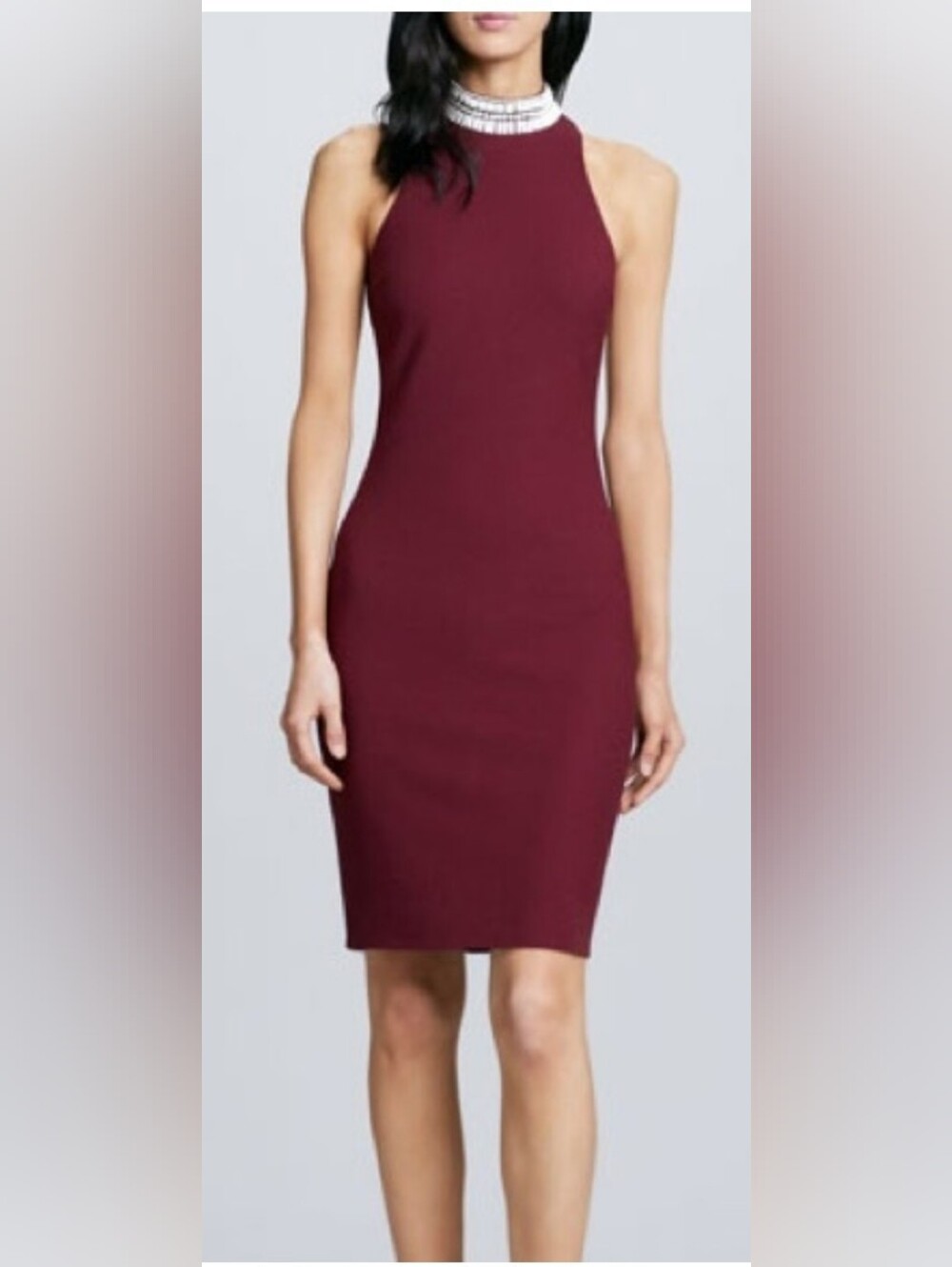 Elizabeth and James Wine Halter Midi Dress with Embellished Neck